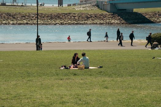 Un couple assis sur l'herbe lors d'un pique-nique, avec des promeneurs et un paysage de rivière en arrière-plan.